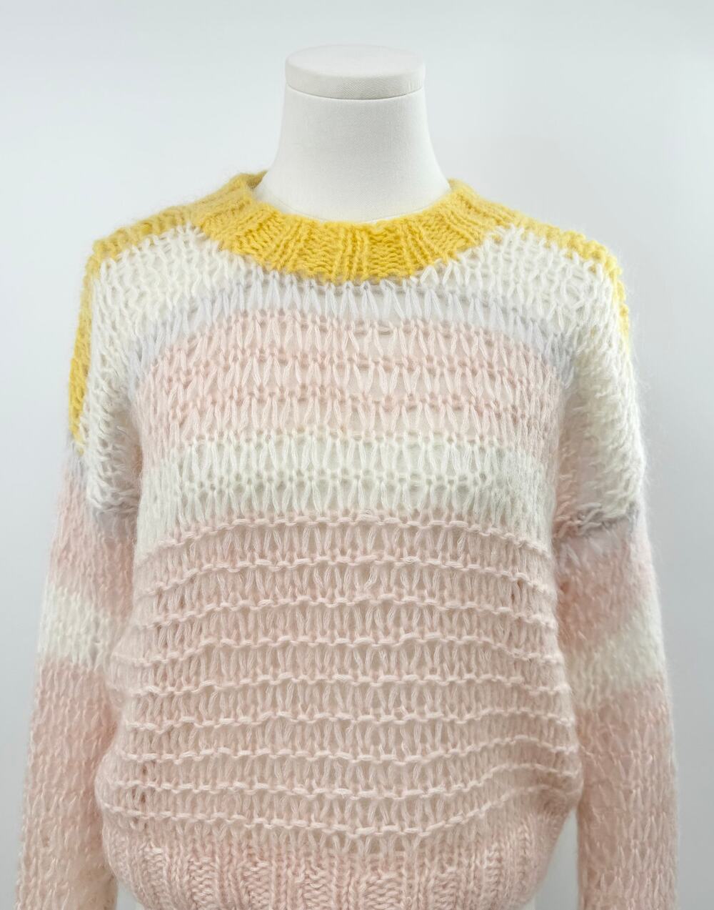 St. Roche Mohair Wool Sweater Yellow Pink Open Stitch Crewneck Pullover S